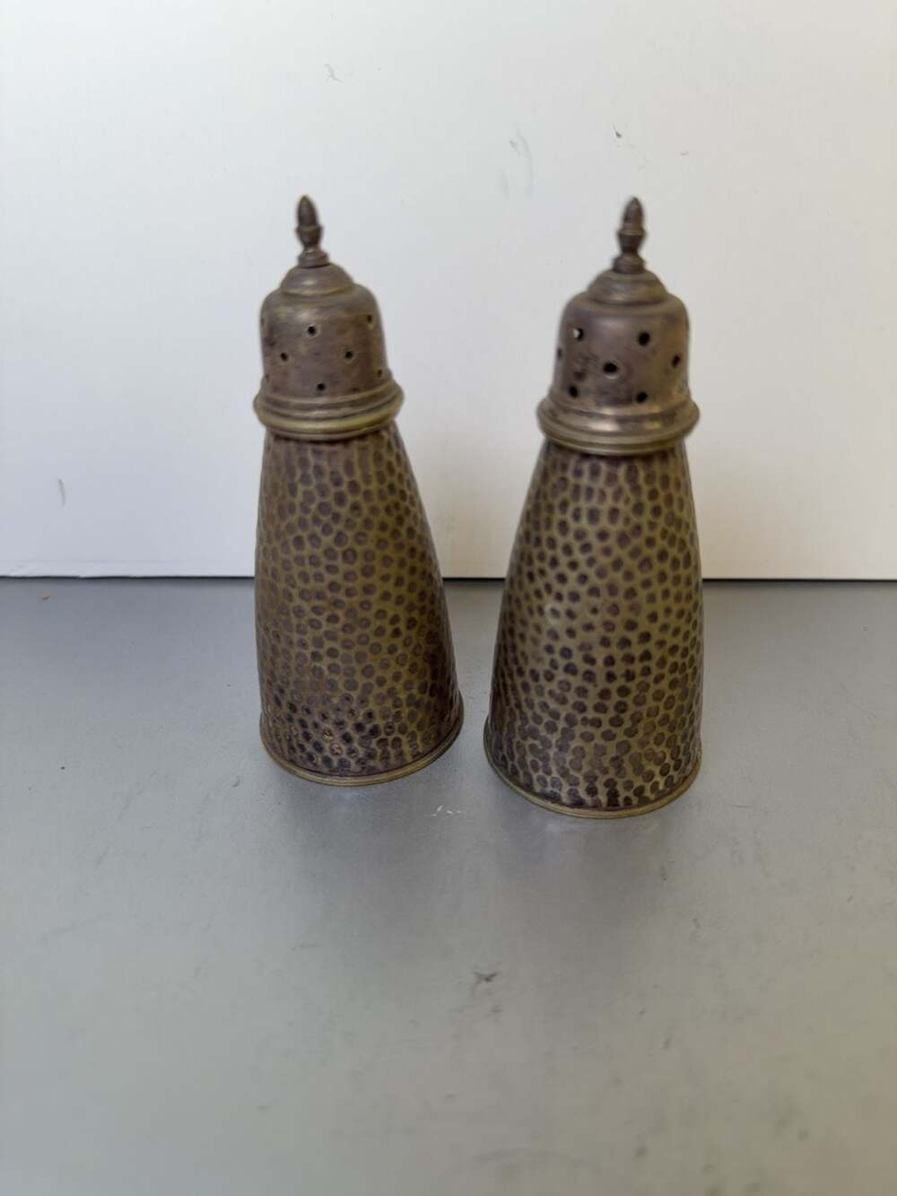 Vintage JS&S Hammered Brass Salt and Pepper Shakers